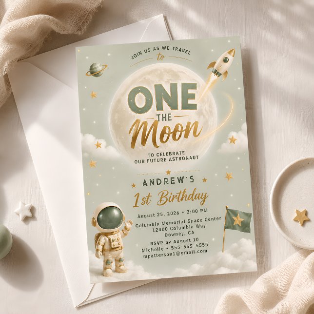 Convite Sage Verde Um Festa de Aniversário na Lua Astronau (Criador carregado)