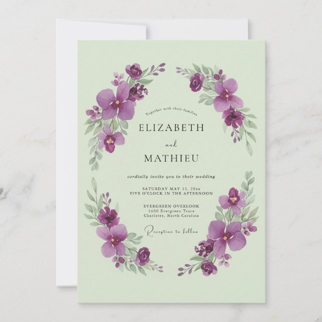 Convite Sage Verde Violeta Casamento Romântico de Primaver (Frente)