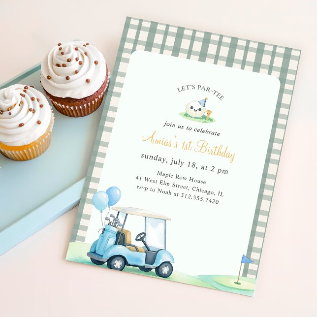 Convite Sage Verde Xadrez Golfe Primeiro Aniversário (Criador carregado)