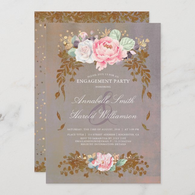 Convite Sage Violet Dourado Blush | FESTA DE NOIVADO (Frente/Verso)