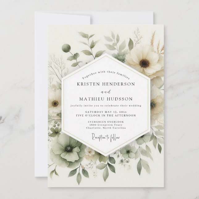 Convite Sage Watercolor Anemone Wedding (Frente)
