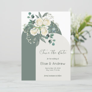Convite Sage & White Roses Quadro de Arco Save-the-Date