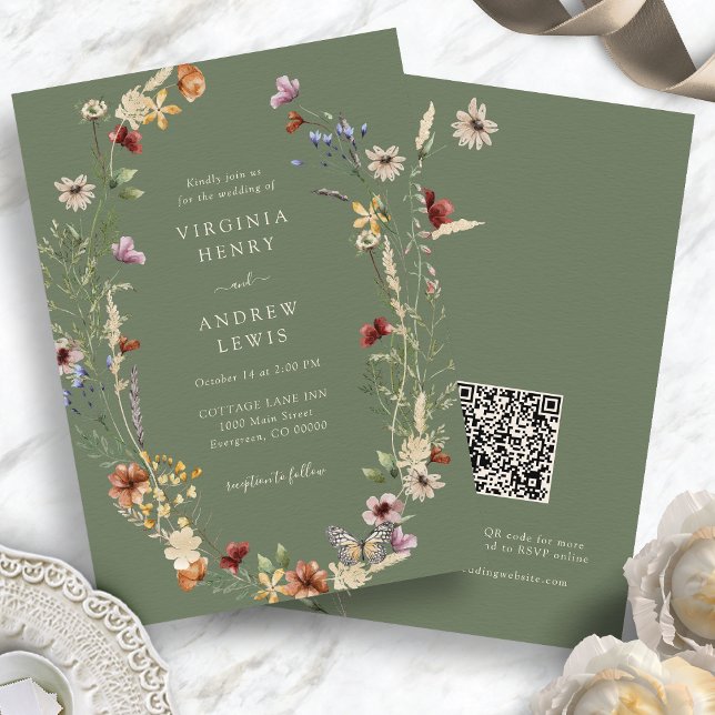 Convite Sage Wildflower Boho Código QR Casamento (Sage Green Wildflower Boho QR Code Wedding Invitation by Painted Paperie
)