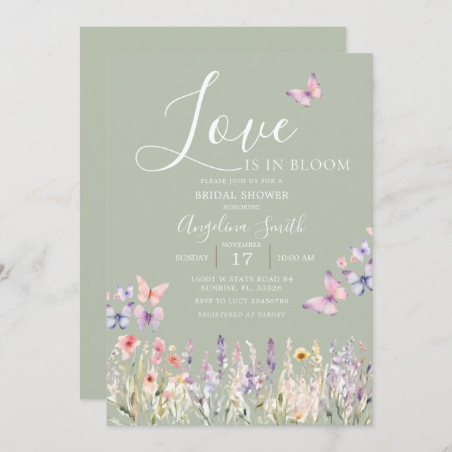 Convite Sage Wildflower Butterfly Chá de panela (Frente/Verso)