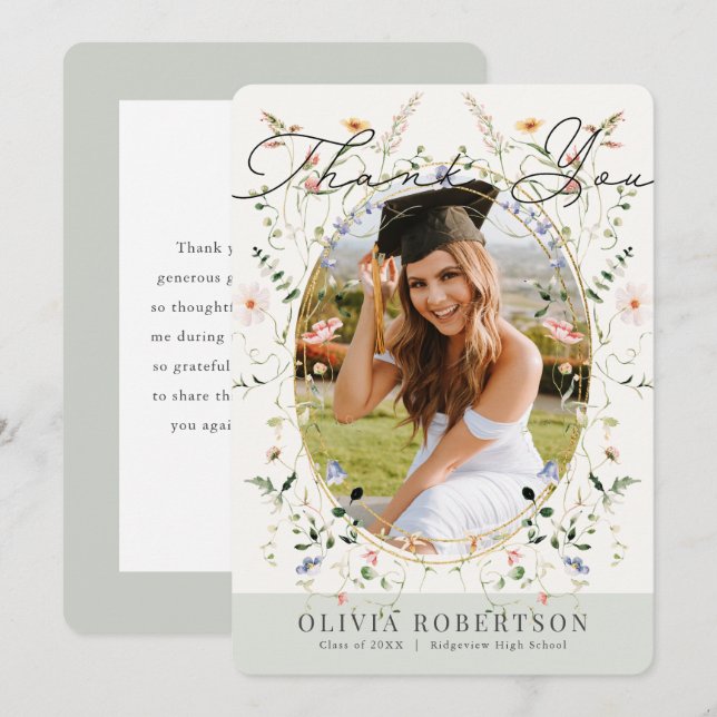 Convite Sage Wildflower Photo Graduation Thank You Card (Frente/Verso)
