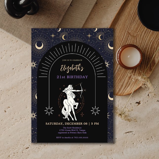 Convite Sagitário negro Zodiac aniversário de 21 anos (Black Mystic Sagittarius Zodiac 21st Birthday Invitation)