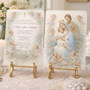 Convite Sagrada Família Anjos Floral Batismo Batizado
