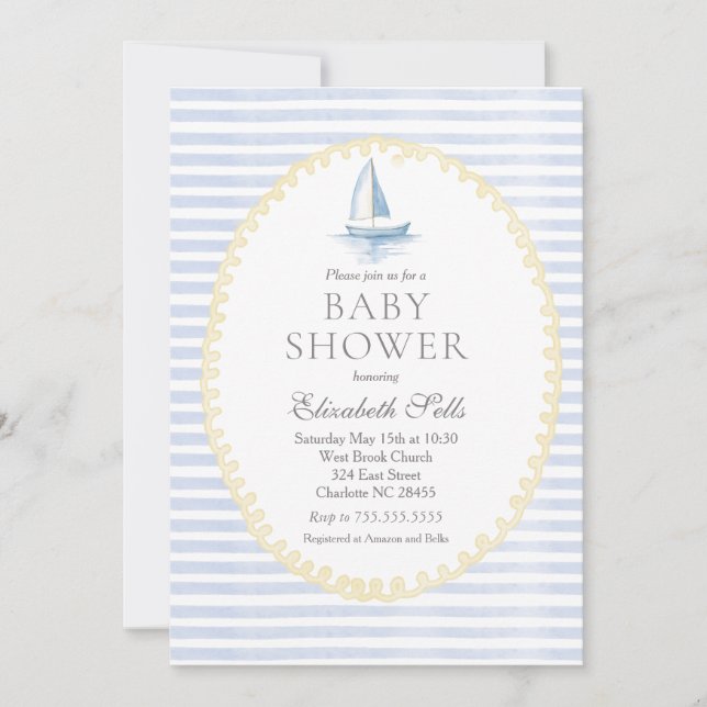 Convite Sailboat Baby Shower Invitation, Boy baby shower (Frente)