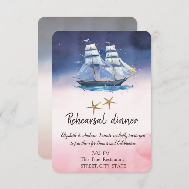 Convite Sailing Boat Seastars Rehearsal Dinner  (Frente/Verso)