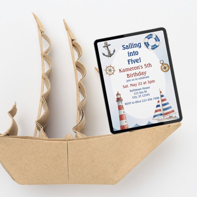 Convite Sailing into Five, Watercolor 5th Birthday (Criador carregado)