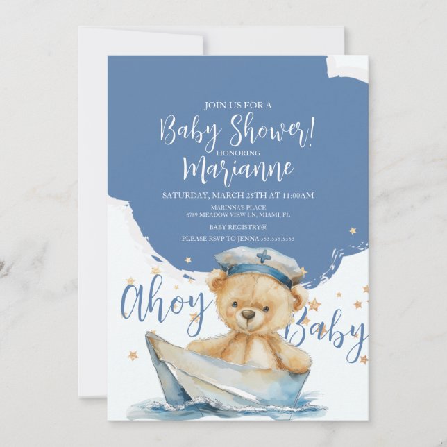 Convite  Sailor Bear Boy Baby Shower  Invitation (Frente)