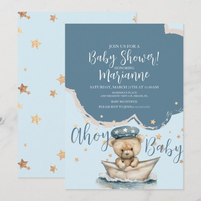 Convite  Sailor Bear Boy Stars Baby Shower  Invitation (Frente/Verso)