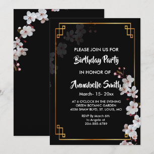 Convite Sakura branca e moldura dourada de aniversário