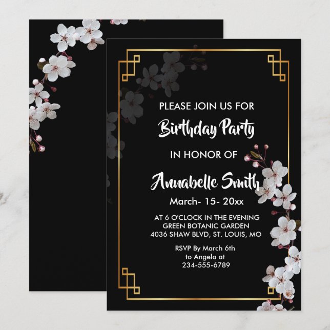 Convite Sakura branca e moldura dourada de aniversário (Frente/Verso)