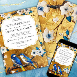 Convite Sakura e Pássaros Azuis no Casamento DOURADO
