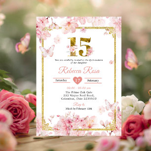 Convite Sakura Flor de Cerejeira Rosa Dourada 15º Quinceañ