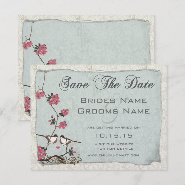 Convite Sakura Passarinho Damask Salvar a Data (Frente/Verso)
