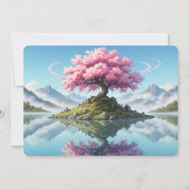 Convite Sakura Tree Lake Landscape Postcard - Artistic Asi (Frente)