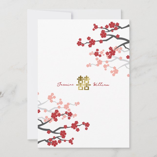 Convite Sakura Vermelha Dupla Felicidade Dourada Casamento (Frente)