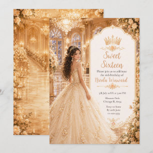 Convite Sala de Baile em Dourado Champanhe Sweet Sixteen