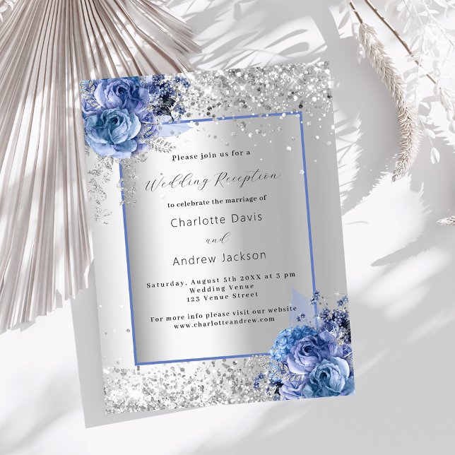 Convite Sala de casamento de prata azul floral luxuosa (Criador carregado)