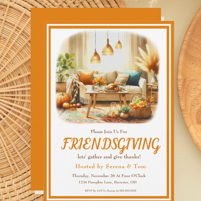 Convite Sala de estar Boho Friendsgiving Dia de Ação de Gr (Criador carregado)