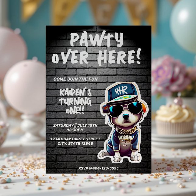 Convite Sala de tijolos do Cachorro Pupido do Cachorro Pri (Hip Hop Puppy Dog Brick Wall First Birthday Party Invitation
)