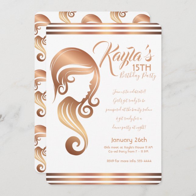 Convite Salão de Cabelo e Maquiagem Menina Beleza Rosa Dou (Frente/Verso)