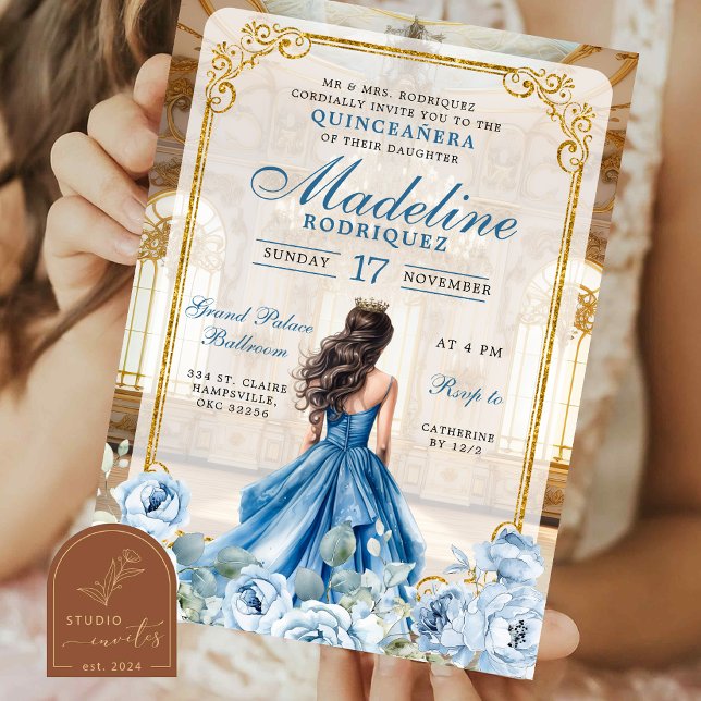 Convite Salão Real Dusty Blue Quinceanera (Criador carregado)