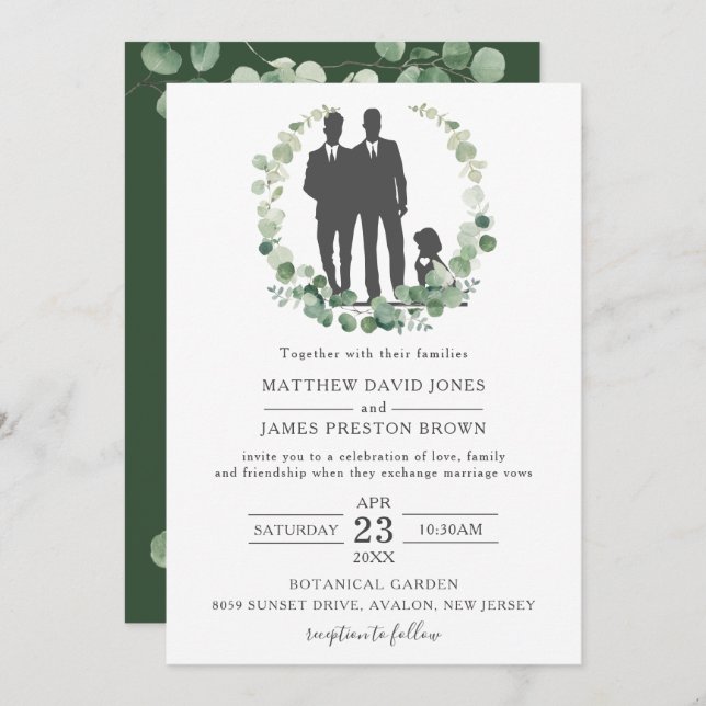 Convite Salas de Casamento de Gay de Eucalyptus Greenery M (Frente/Verso)
