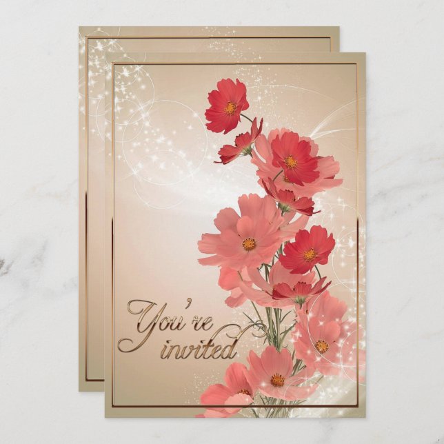 Convite Salmão e Flores Vermelhas/Trim Dourado (Frente/Verso)