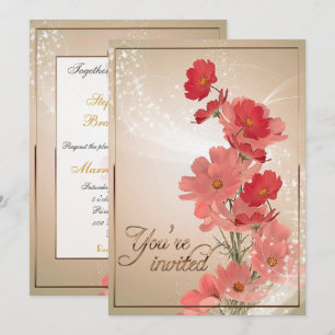 Convite Salmão e Flores Vermelhas/Trim Dourado