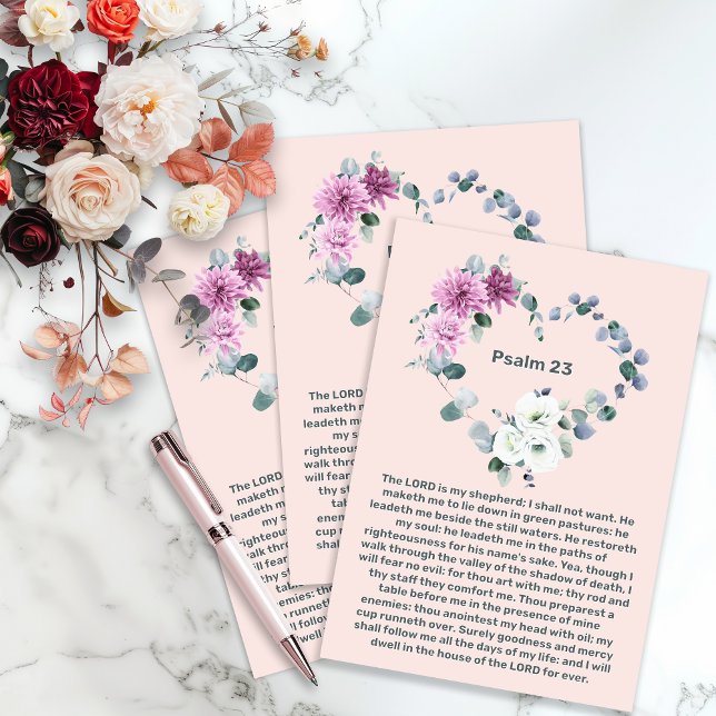 Convite Salmo 23 Coração Floral Rosa Celebração da Vida  (Psalm 23 Pink Floral Heart Celebration of Life Invitation
)