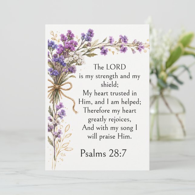 Convite Salmo 28:7 Versículo Bíblico, Arte Floral Roxo Lav (Em pé/Frente)
