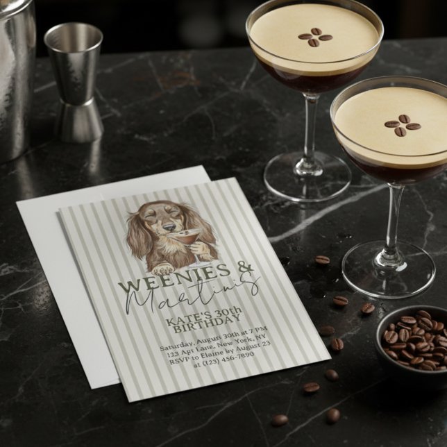 Convite Salsichas Desenhadas à Mão e Dachshund Martinis (Hand Drawn Weenies and Martinis Dachshund Invitation)