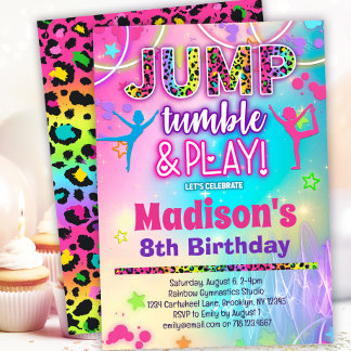 Convite Saltar Tumble e Tocar o Rainbow Leopard Gymnastics