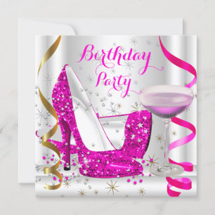 Convite Salto Alto Brilho Branco Dourado Rosa Vibrante Beb