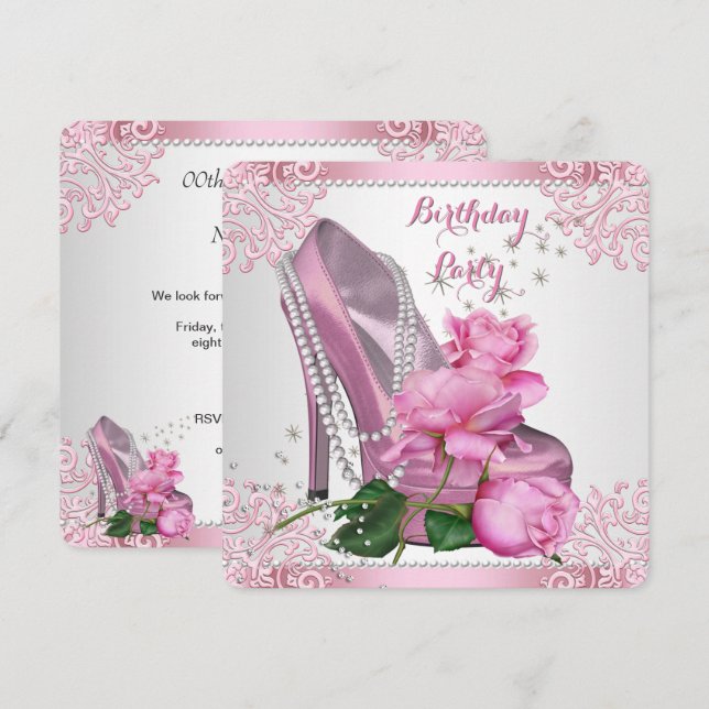 Convite Salto Alto Rosa Pink com Renda e Pérolas Festa de  (Frente/Verso)