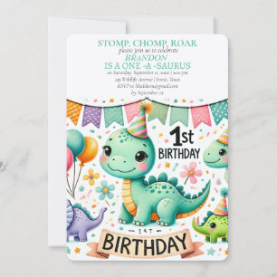 Convite Salto de Chomp do primeiro aniversario Dinossauro