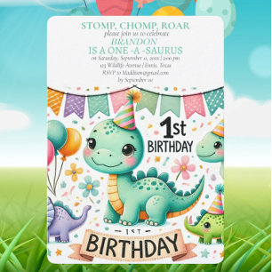 Convite Salto de Chomp do primeiro aniversario Dinossauro