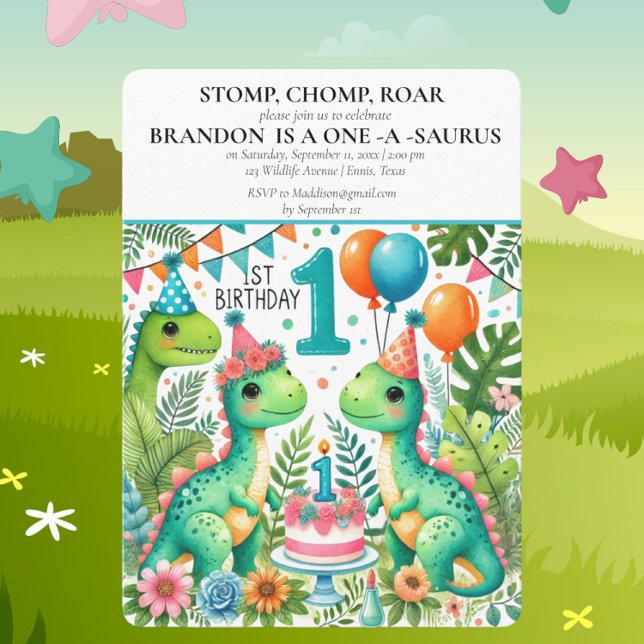 Convite Salto de Chomp do primeiro aniversario Dinossauro (Criador carregado)