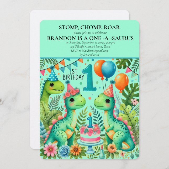 Convite Salto de Chomp do primeiro aniversario Dinossauro (Frente/Verso)
