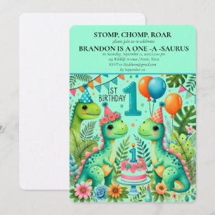 Convite Salto de Chomp do primeiro aniversario Dinossauro