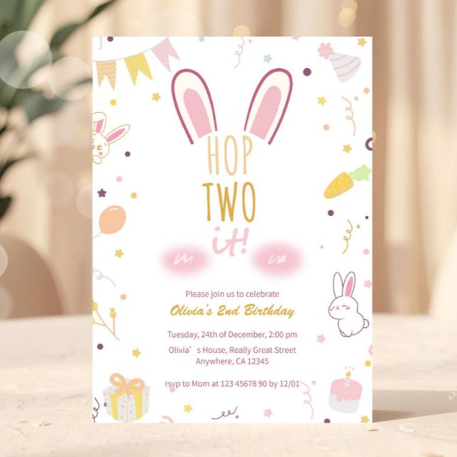 Convite Salto De segundo aniversário De Coelhinho Rosa De  (Hop Two It Editable Second Birthday Invitation Template, Girls 2nd Birthday Party, Pink Bunny Pastel)