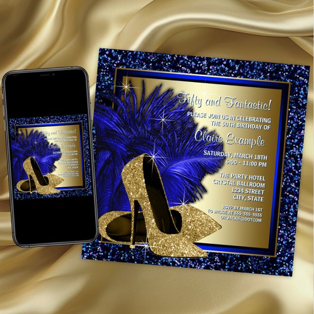 Convite Saltos Altos Azul e Dourado Festa de Aniversário d (Womans royal blue and gold high heel shoe invitation. Any number or event. Digital and printed.)