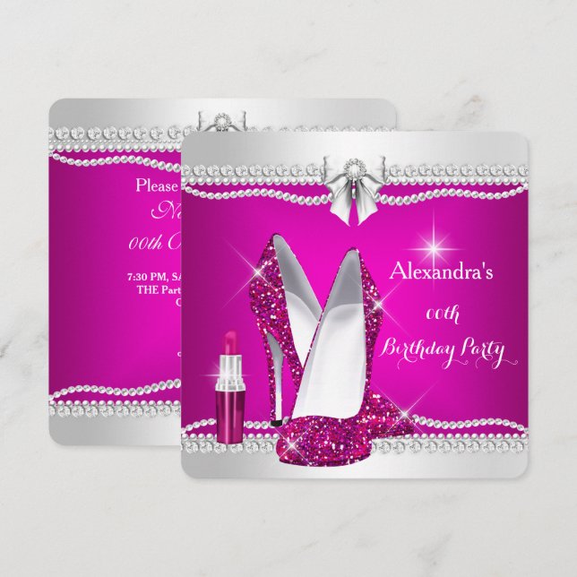 Convite Saltos Altos Brilho Elegante Rosa Batom Glamour (Frente/Verso)