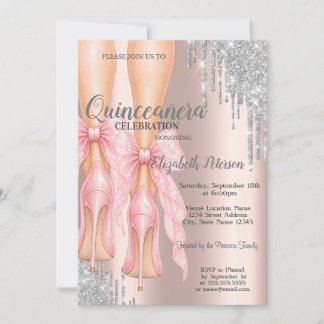 Convite Saltos Altos com Laço e Pingos, Rose Gold Quinceañ