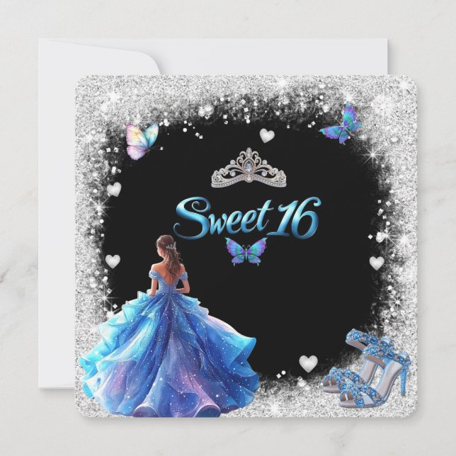 Convite Saltos altos coroa brilho Sweet 16 (Frente)
