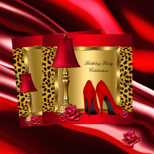 Convite Saltos Altos de Ouro Vermelho Rosas Leopardo Festa