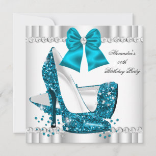 Convite Saltos Altos Elegantes Brilho Azul Glamour Branco